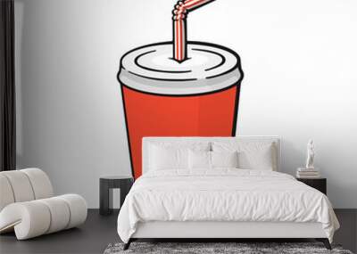 Vector illustration. Disposable paper cup with soda and straw. Dice-box with carbonated cold drink. Image in cartoon style with contour. Unhealthy food. Isolated on white background Wall mural