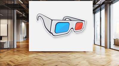 Vector illustration. Paper 3d glasses isometric view. Stereo retro glasses for three-dimensional cinema. Symbol of the film industry. Sticker with contour. Isolated on white background Wall mural