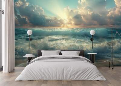 Calm sandy beach with blue waves and cloudy sky, Tropical sea view Wall mural