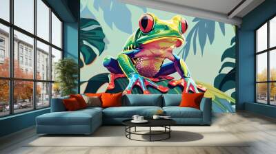 Green frog on a leaf Wall mural