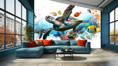 illustration of a turtle swimming in the sea with colorful fish Wall mural