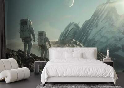 Portrait of two astronauts landing on a planet Wall mural