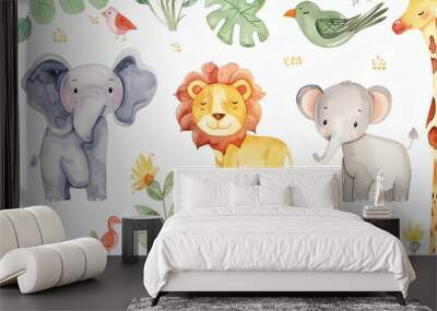 simple minimalist flat style watercolor sketch, cute cartoon of elephants, giraffes and lions Wall mural