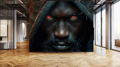 A black man with a beard and orange eyes is wearing a hoodie Wall mural