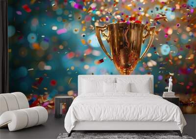 A gleaming gold winners trophy cup takes center stage amidst a shower of vibrant celebration confetti and sparkling glitter, Wall mural