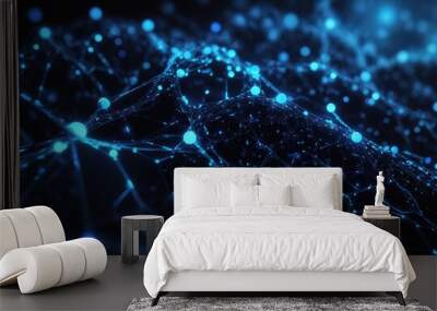 Abstract connected blue dots and lines againts dark background, technology concept Wall mural