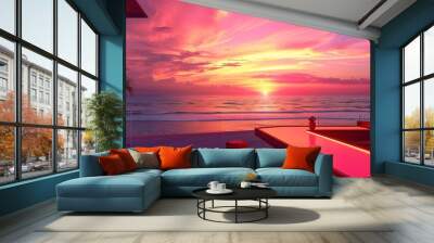 Bar on the beach at sunset, party, view from the bar to the beach and Palms, neon light Wall mural