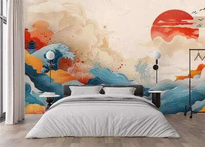 Colorful abstract background with Japanese wave style  Wall mural