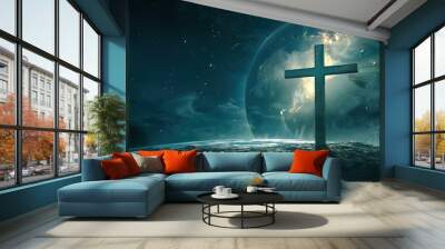 Conceptual image with christian cross and earth globe Wall mural