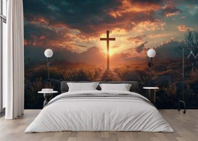 Conceptual image with christian cross and jesus  Wall mural