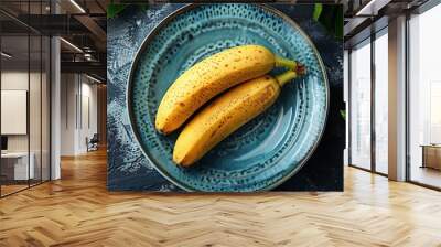 Delicious ripe banana and plate on table, top view  Wall mural