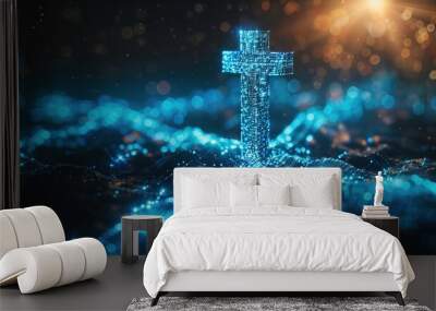 Digital blue Jesus Cross symbol. Christian religion concept. Generative AI technology Wall mural