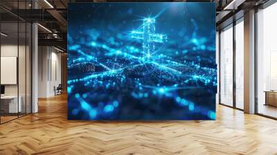 Digital blue Jesus Cross symbol. Christian religion concept. Generative AI technology Wall mural