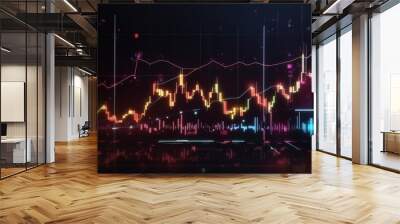 Digital display chart, stock market glowing on a dark background. Growth graph Wall mural