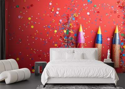 Firework rockets on red background with confetti, flat lay  Wall mural