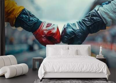 fist bump of two race car drivers gloved hands Wall mural