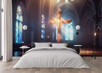 Glowing catholic cross, Surreal light beam sacral illustration Wall mural