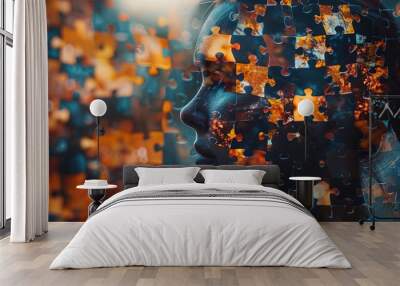 Human head profile and jigsaw puzzle, cognitive psychology or psychotherapy concept, mental health, brain problem, personality disorder Wall mural