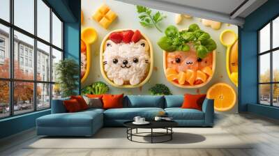 Kid-Friendly Healthy Meals. Nutritious meals served on animal-shaped plates  Wall mural