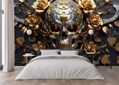 Machine skull and body, made of metal plate with floral carvings in gold and silver Wall mural