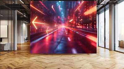 Modern abstract high-speed movement. Dynamic motion light and fast arrows moving on dark background Wall mural