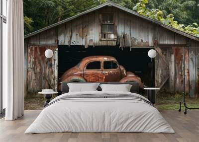 old garage with a rusty car  Wall mural