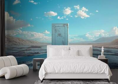 Open white door in middle of desert  Wall mural