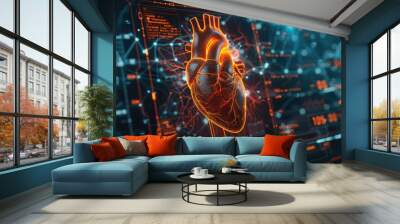 patient heart functions and blood vessel on virtual interface. Medical technology and healthcare treatment to diagnose heart disorder and cardiovascular disease, virtual screen blend Wall mural