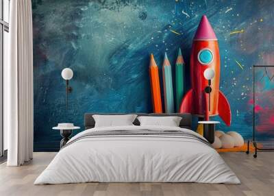 Sketch Rocket Pencils Books School Back to start blackboard background book crayons equipment launch creativity apple supply education creative concept chalk idea desk class vignetting Wall mural