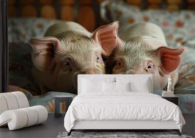 Two pigs rest on a bed together Wall mural