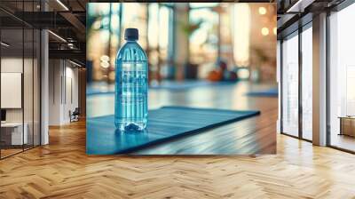 Water bottle and exercise mat in wellness studio or gym floor for yoga, fitness and workout Wall mural