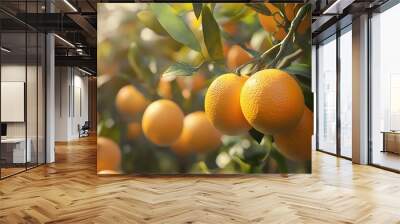 Fresh oranges hanging from a branch of a healthy orange tree in an orchard Wall mural