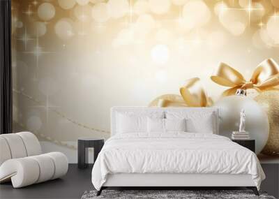 Gold and white Christmas mockup background with gold Ribbon product photography with presents, christmas balls HD Banner with copy space for text, Merry Christmas Wall mural