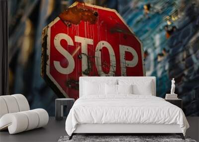 Rusty Red metal Stop sign against Graffiti brick wall, Grudge, street art, protest, HD, Wallpaper banner background, rustic street, dramatic lighting   Wall mural