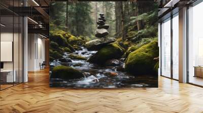 Stacked Stones in the forest, Waterfall, Meditation, Zen, Buddhism, Peaceful, Mindfulness, HD Banner Wallpaper, Mindful Living  Wall mural