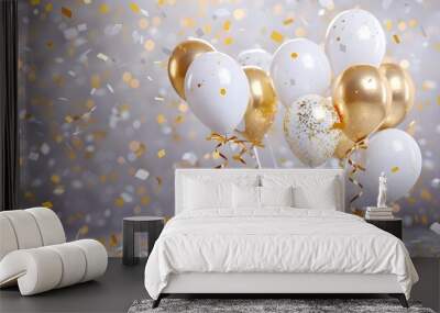 White and Gold Party Balloons, Happy Birthday Background, gold Confetti, Sale party festive, Celebration banner, white wall, HD Wall mural