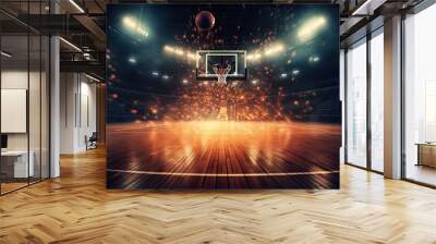 a basketball court with a ball in motion and stadium lights. generative ai Wall mural