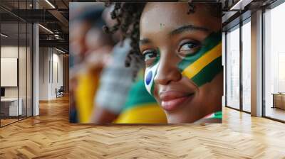 A young female with the flag of South Africa painted on her face on her way to a sporting event to show her support.

 Wall mural