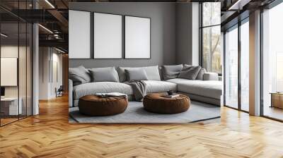  Blank white poster mockup in a modern living room with minimalist decor and clean lines. 3d rendering Wall mural