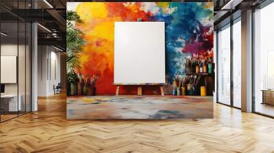 Blank white poster mockup on a colorful wall in a creative artist studio surrounded by painting supplies. 3d rendering Wall mural