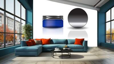 Blank blue cosmetic round jar with black lid for beauty or healthy product. Isolated on white background with reflection shadow. Ready to use for package design. Vector illustration. Wall mural