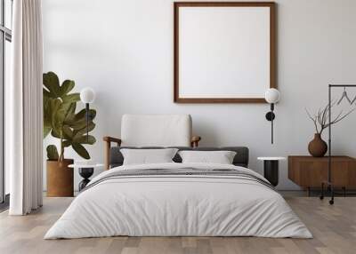 A cozy white interior decorated with a wooden frame and vibrant plant bring life to a mockup picture on the wall Wall mural