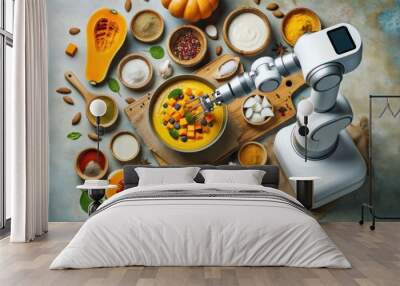 A metallic masterpiece, the robot delicately balances a bowl of delectable food, creating a harmonious blend of art and sustenance Wall mural