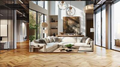 A minimalist wooden interior design of an apartment living room featuring a cozy sofa, loveseat, coffee table, wall decor, and plush pillows creates a warm and inviting atmosphere Wall mural