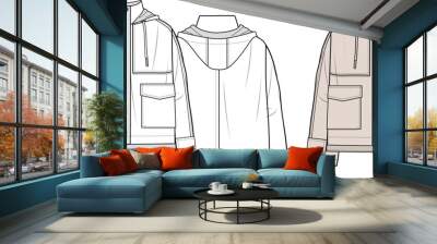 Unisex Hooded Coat. Coat technical fashion illustration. Front and back, white and cream colour. Unisex CAD mock- Wall mural