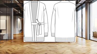 Women's Front Wrap Closure, Self Tie Cardigan. Technical fashion illustration. Front and back, white colour. Women's CAD mock-up. Wall mural