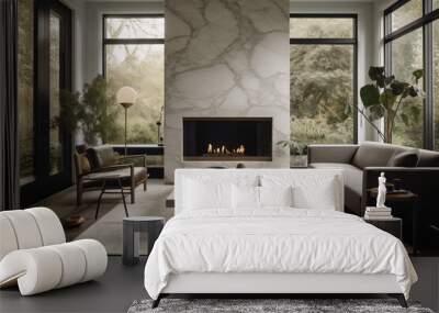 Contemporary, Modern Living Room with Marble Fireplace, lighting coming from large windows Wall mural