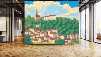 Rodez: Retro tourism poster with a French landscape and the headline Rodez / Occitanie Wall mural