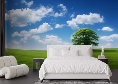 tree on a field and cloudy blue sky Wall mural