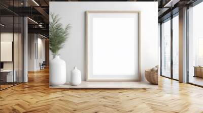 Wooden picture frame mockup on off white wall in modern interior. Vertical artwork template mock up for artwork, painting, photo or poster in interior design with green plants Wall mural